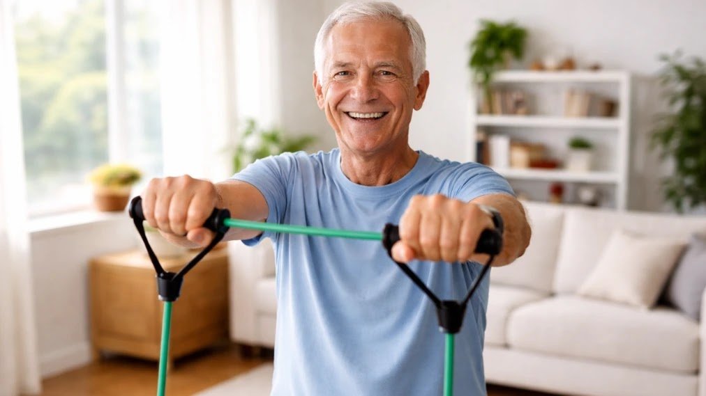 Senior adult performing resistance band exercises for muscle maintenance and healthy aging Senior adult performing resistance band exercises for muscle maintenance and healthy aging