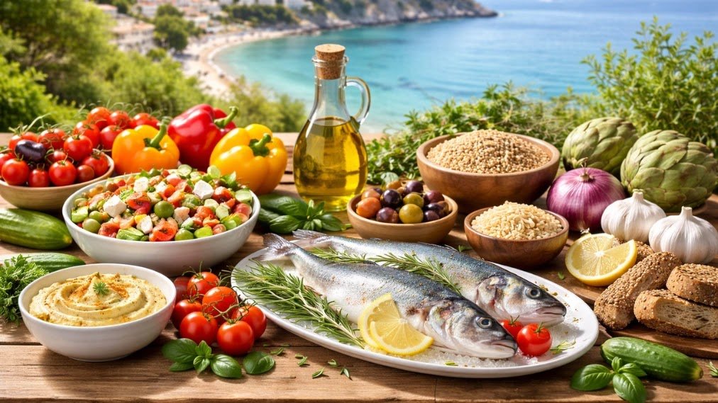 Mediterranean diet foods including vegetables, olive oil, whole grains, and fresh fish for longevity Mediterranean diet foods including vegetables, olive oil, whole grains, and fresh fish for longevity