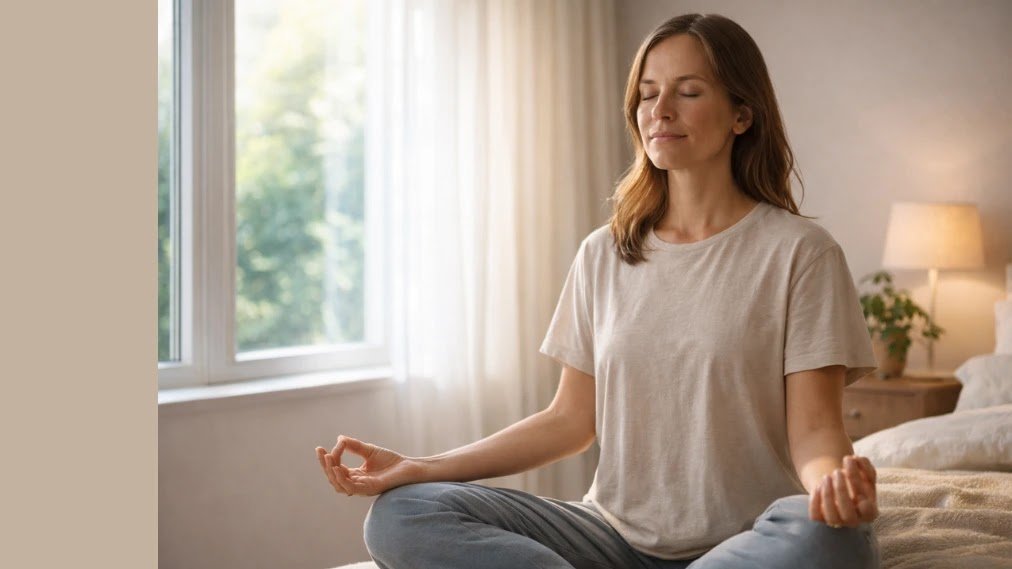 One lady meditating near window in peace morning One lady meditating near window in peace morning