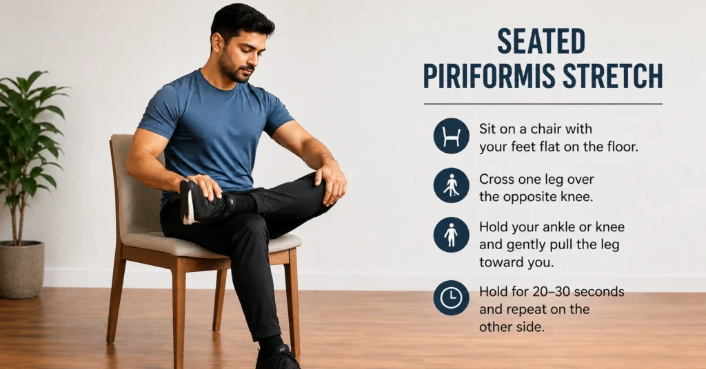 How to Relieve Sciatica Pain Naturally: Causes, Symptoms & Exercises a person performing a seated piriformis stretch how to relieve sciatica pain naturally