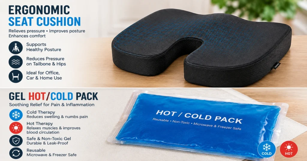 How to Relieve Sciatica Pain Naturally: Causes, Symptoms & Exercises an ergonomic seat cushion and gel hotcold pack how to relieve sciatica pain naturally